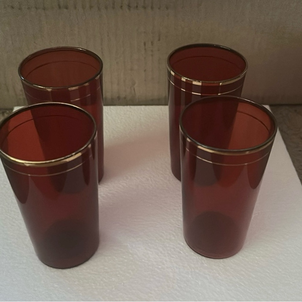 Vintage Set of 20 Red Depression Glass Tumblers with Gold Rim